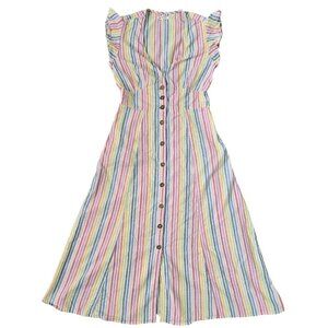Marine Layer Camila Rainbow Vertical Stripe Button-Up Midi Dress Hemp Blend